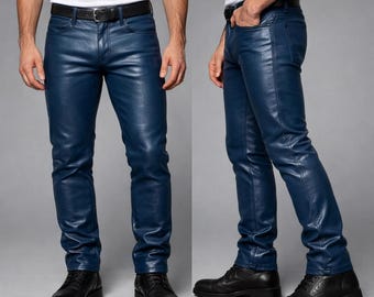 Men’s Dark Blue Genuine Lambskin Leather Biker Pant