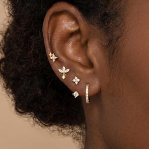 18K Gold Filled Celestial Earrings Set,Star Flower Studs,CZ Huggie Hoop,Curated Ear Stack,Gift for Her