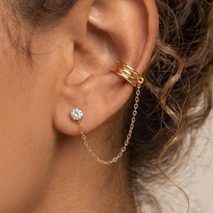 18K Gold Filled CZ Huggie Ear Cuff Chain Stud Earrings Set,Minimalist Ear Stack,Helix Conch Chain Earring,Gift for Her