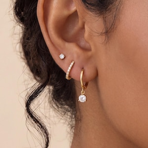 18K Gold Filled CZ Huggie Earrings Set,Dainty Gold Hoop Earrings,Minimalist Ear Stack Set,Gift for Her