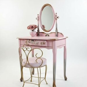 SOLD! Do not purchase.  Hand-Painted Pink Vanity with Mirror and Chair - Vintage Vanity - Shabby Chic Makeup Table | Baby Gift