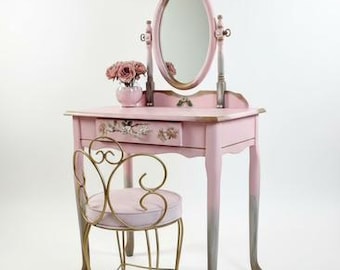 SOLD! Do not purchase.  Hand-Painted Pink Vanity with Mirror and Chair - Vintage Vanity - Shabby Chic Makeup Table | Baby Gift