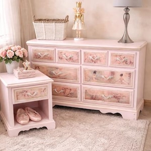 SOLD/DO NOT Purchase! Ballerina Dresser & Nightstand Set | Nursery Gift | Hand-Painted | Child Furniture | Pink Vintage Bedroom Set