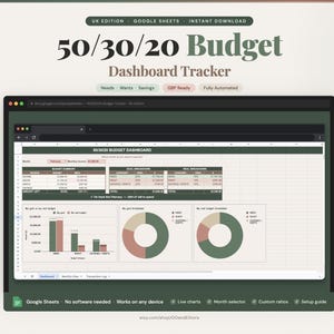 50/30/20 Budget Tracker Google Sheets — UK Budget Planner Spreadsheet Monthly Finance Dashboard