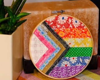 Progress Pride Flag Embroidery Hoop | Upcycled Fabric Collage