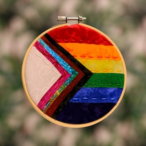 May include: A round embroidery hoop featuring a colorful, abstract design. The design incorporates a rainbow of colors, including red, orange, yellow, green, blue, and purple, arranged in a geometric pattern. The hoop is made of wood.
