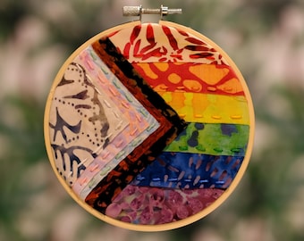 Batik Fabric Progress Pride Collage| LGBTQ+ Embroidery Art| Creative Reuse Unique Design