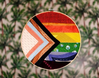 Progress Pride Flag Fiber Art | 14" Upcycled Fabric Wall Decor