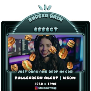 May include: A digital graphic overlay titled BURGER RAIN EFFECT featuring floating burger illustrations. Text includes JUST DRAG AND DROP IN OBS!, FULLSCREEN ALERT | WEBM, 1080 x 1920, and StreamSwagg. The design uses a dark teal frame with glowing edges.