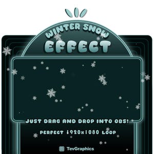 May include: A teal graphic with the words "Winter Snow Effect" in a bubble font. The graphic includes falling snowflakes and the text "Just drag and drop into OBS! Perfect 1920x1080 loop." The graphic also includes the Instagram handle "TevGraphics."