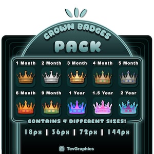Puede incluir: Un paquete gráfico digital con insignias de corona para varios períodos de tiempo, de 1 mes a 2 años. El diseño incluye múltiples estilos de corona en oro, plata y colores joya. El paquete contiene cuatro tamaños diferentes: 18px, 36px, 72px y 144px.