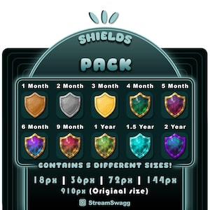 May include: A digital graphic featuring a "SHIELDS PACK" with various shield designs. Each shield is labeled with time increments from 1 month to 2 years. The pack contains 5 different sizes, ranging from 18px to 910px. The StreamSwagg logo is at the bottom.