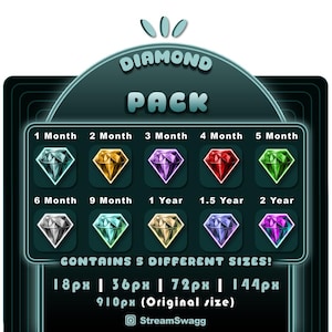 May include: A digital graphic featuring a "Diamond Pack" with various diamond icons in different colors, representing time periods from 1 month to 2 years. The graphic includes text indicating different sizes: 18px, 36px, 72px, 144px, and 910px.