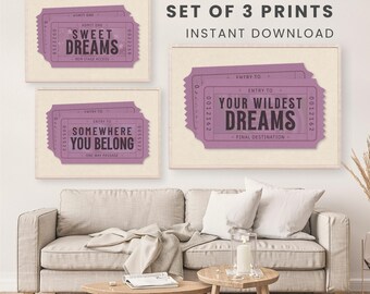Retro Ticket Wall Art Set of 3 | Mauve Dreams | Printable Bedroom Decor | Digital Download