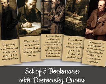 Set von 5 Fjodor Dostojewski Lesezeichen, Zitate aus klassischer Literatur, die Brüder Karamasow, der Idiot, digitaler Download