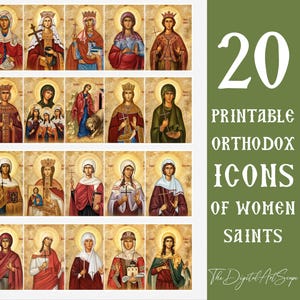 Puede incluir: Una colección de 20 iconos ortodoxos imprimibles de santas mujeres dispuestos en una cuadrícula. Cada icono rectangular presenta una figura con un halo dorado sobre un fondo texturizado. Se muestra el texto 20 PRINTABLE ORTHODOX ICONS OF WOMEN SAINTS.