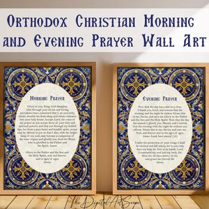 Puede incluir: Dos impresiones artísticas enmarcadas con el texto "Orthodox Christian Morning and Evening Prayer Wall Art". Cada impresión presenta un borde decorativo azul y dorado. La impresión de la izquierda dice "Morning Prayer" y la de la derecha "Evening Prayer".