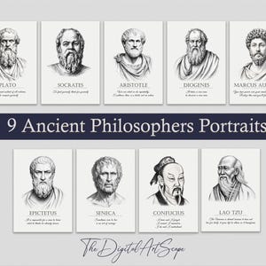May include: A collection of nine monochrome portraits of ancient philosophers, such as Plato and Socrates. Each portrait is labelled with the philosopher's name and a quote. The text "9 Ancient Philosophers Portraits" is displayed prominently.