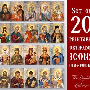 May include: A set of 20 printable Orthodox icons in A4 format. The icons feature religious figures with gold halos and detailed artwork. The text "Set of 20 Printable Orthodox Icons in A4 Format" is displayed in white on a red background.