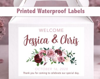 Custom Floral Wedding Welcome Bag Stickers – 4x3 Waterproof Labels, Personalized Wording WG207