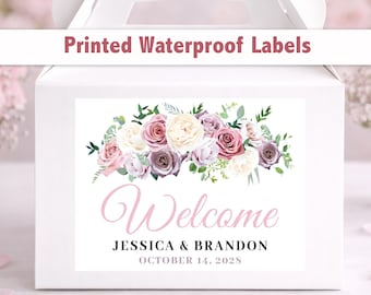 Custom Floral Wedding Welcome Bag Stickers – 4x3 Waterproof Labels, Personalized Wording WG201