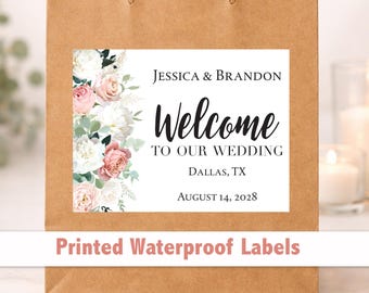 Custom Floral Wedding Welcome Bag Stickers – 4x3 Waterproof Labels, Personalized Wording WG221