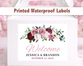 Custom Floral Wedding Welcome Bag Stickers – 4x3 Waterproof Labels, Personalized Wording WG208