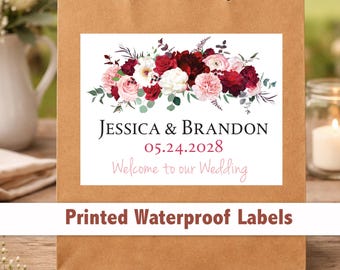 Custom Floral Wedding Welcome Bag Stickers – 4x3 Waterproof Labels, Personalized Wording WG217