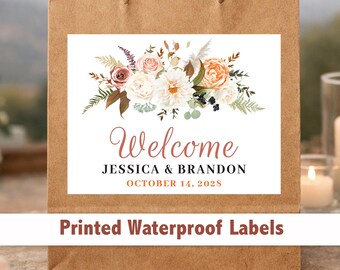 Custom Floral Wedding Welcome Bag Stickers – 4x3 Waterproof Labels, Personalized Wording WG205