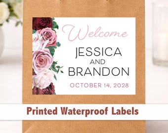 Custom Floral Wedding Welcome Bag Stickers – 4x3 Waterproof Labels, Personalized Wording WG209