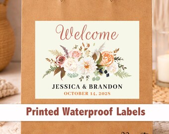 Custom Floral Wedding Welcome Bag Stickers – 4x3 Waterproof Labels, Personalized Wording WG206