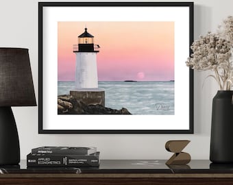 Sunset Lighthouse on the Rocks Giclée Art Print - Nautical theme, Art Print from Original Acrylic Painting