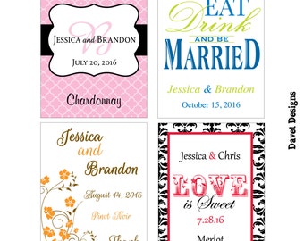 60 - 3x4 inch Custom Wedding Wine Bottle / Rectangle Waterproof Labels - many designs to choose - change designs to any color, wording etc