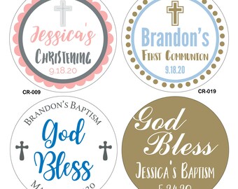 2 inch Custom Glossy Baptism / Christening / Communion Stickers Label - many designs/sizes to choose -change design to any color, wording