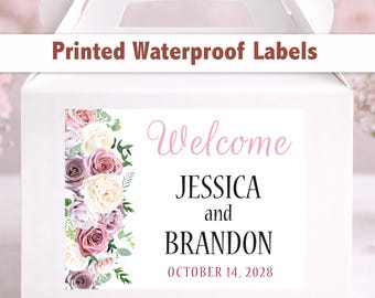 Custom Floral Wedding Welcome Bag Stickers – 4x3 Waterproof Labels, Personalized Wording WG202
