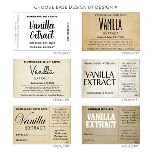 May include: Four different label designs for a vanilla extract product. Each label features a vintage-inspired design with the text "Homemade with Love" and "Vanilla Extract". The labels also include information about the ingredients, bottling date, and instructions for optimal flavor.