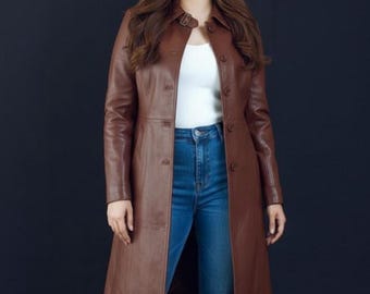 Women's Long Leather Trench Coat, Brown Real Leather Women Coat, Winter Moto Coat, Elegant Knee Length Outwear, Women Leather Long Coat