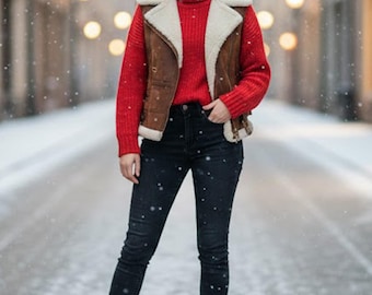 Brown Leather Faux Fur Vest, Handmade Zip Up Shearling Women Leather Vest, B3 Bomber Fur Lined Aviator Shearling Gilet, Winter Biker Vest