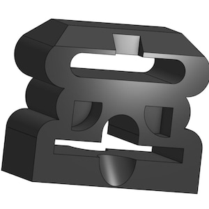 May include: A black, three-dimensional rubber gasket with a unique, layered design. The gasket has a series of curved and rectangular cutouts, creating an open, geometric shape. The overall form is a stacked, undulating structure.