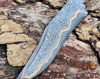 Bowie Knife Copper San Mai Damascus Steel Blank Blade: Knife Making Supplies (Leather Sheath)