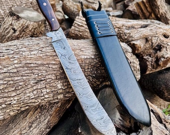 handgemaakte op maat gemaakte damaststalen machete palissander handvat en een zwartleren schede