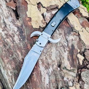 Könnte beinhalten: Ein Klappmesser mit einer silberfarbenen Metallklinge und einem schwarzen Griff. Der Griff verfügt über eine metallische Backe, eine mittige schildförmige Einlage und ein geschwungenes silberfarbenes Parierelement. Die Klinge ist spitz.