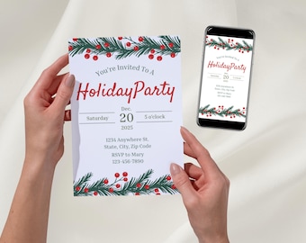 Può includere: Un invito a una festa natalizia tenuto da una persona, con una versione digitale su uno smartphone. L'invito presenta testo rosso e un bordo festivo verde e rosso. Include la data, l'ora e le informazioni RSVP.