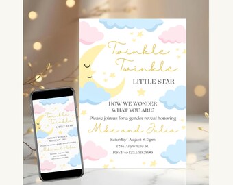 May include: A gender reveal invitation with the text "Twinkle Twinkle Little Star." The design features a yellow crescent moon, blue and pink clouds, and stars. A smartphone displays the same invitation.