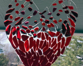 Fused glass healing heart suncatcher with wire wrapped beads and ladybug