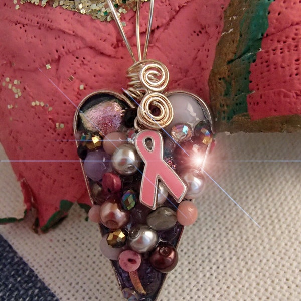 Pink glass fusion "breast awareness junk heart" with swarvoski crystals