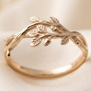 Leaf Ring, 14K Gold Plated 925 Sterling Silver Vine Twig Nature Dainty Olive Gift