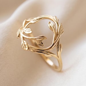 Botanical Leaf Wrap Ring, 14K Gold Plated Silver Nature Statement Band