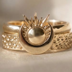 Sun Moon Celestial Ring Set, 14K Gold Plated 925 Sterling Silver, Stackable Boho Hammered