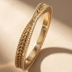 Nature Inspired Wheat Ring, 14k Gold Plated Silver Vintage Milgrain Dainty Stacking Band, Wedding